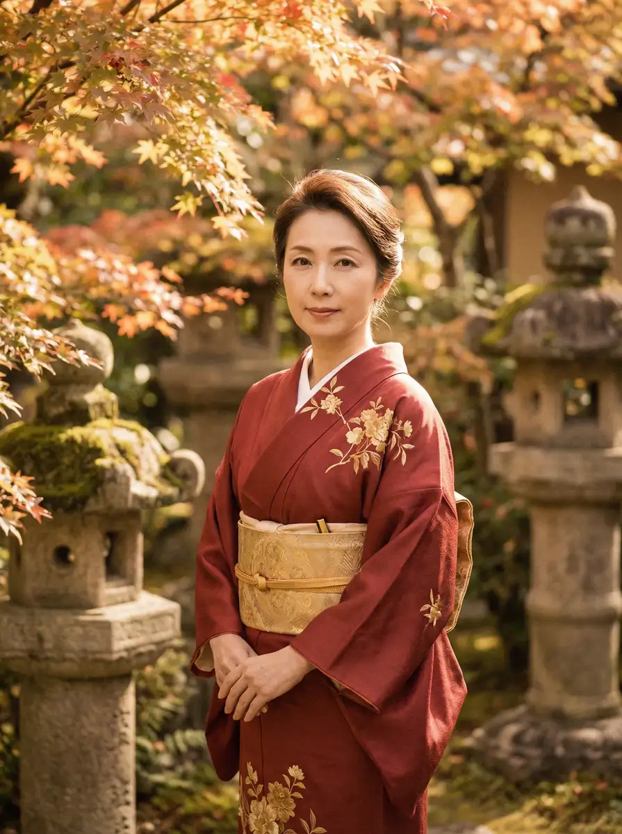 一位身穿暗红色和服的优雅 农村老头大战60岁胖老太ED2K 在日式庭院中